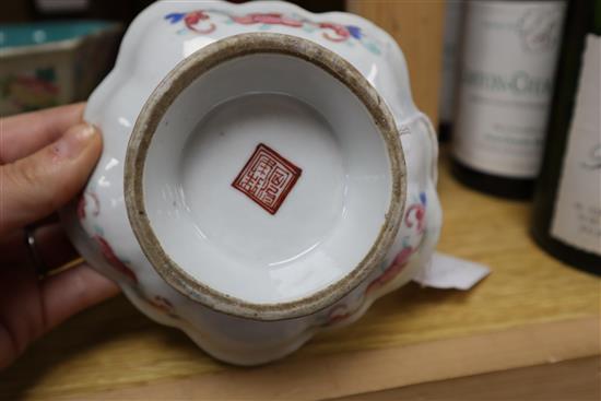 Two Chinese famille rose dishes, a figure of a boy, a porcelain brush pot and a bamboo brush pot tallest 28cm